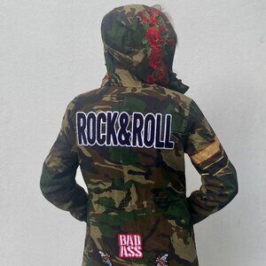 Custom Rock & Roll Camo Jacket -Large - Custom Patches and Hand Painted Elements